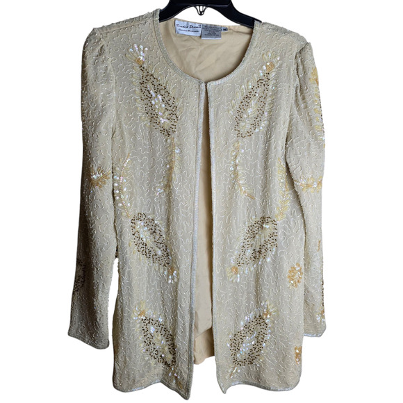 Beaded Drama Jacket Women Medium Champagne Gold Beaded Sequin Evening Lined - Picture 1 of 16